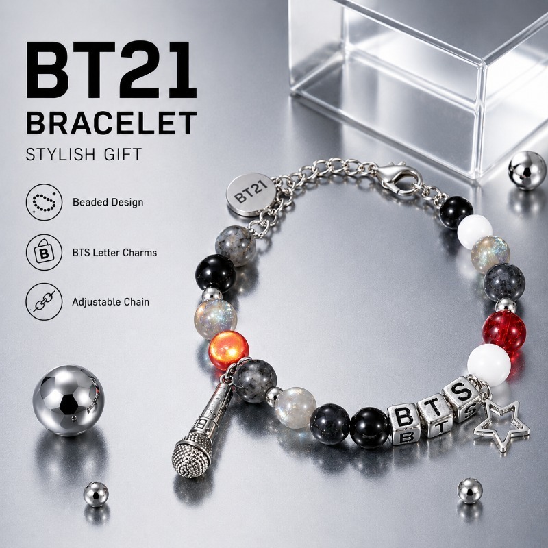 BT21 Black Red Beaded Bracelet - Jewelry Making ulasan dan harga