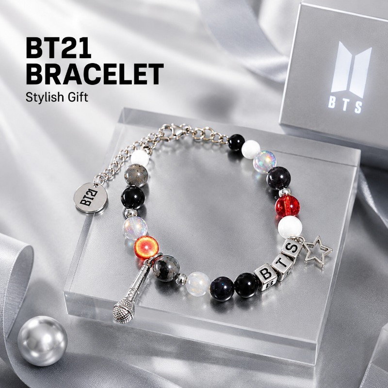 BT21 Black Red Beaded Bracelet - Jewelry Making ulasan dan harga