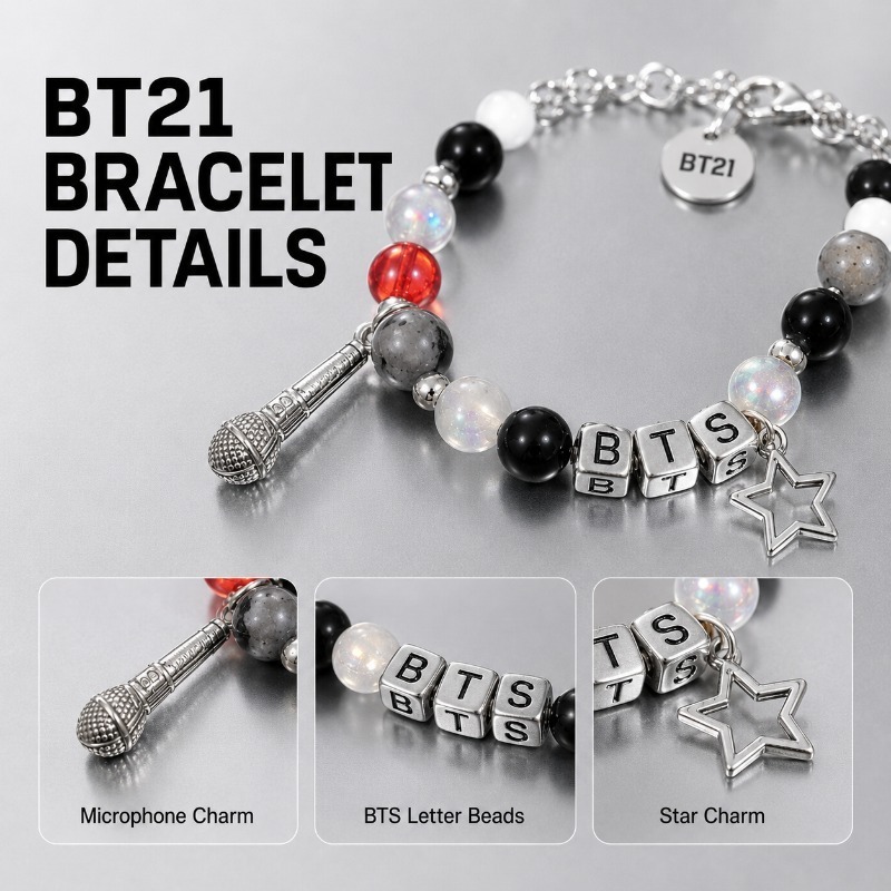 BT21 Black Red Beaded Bracelet - Jewelry Making ulasan dan harga